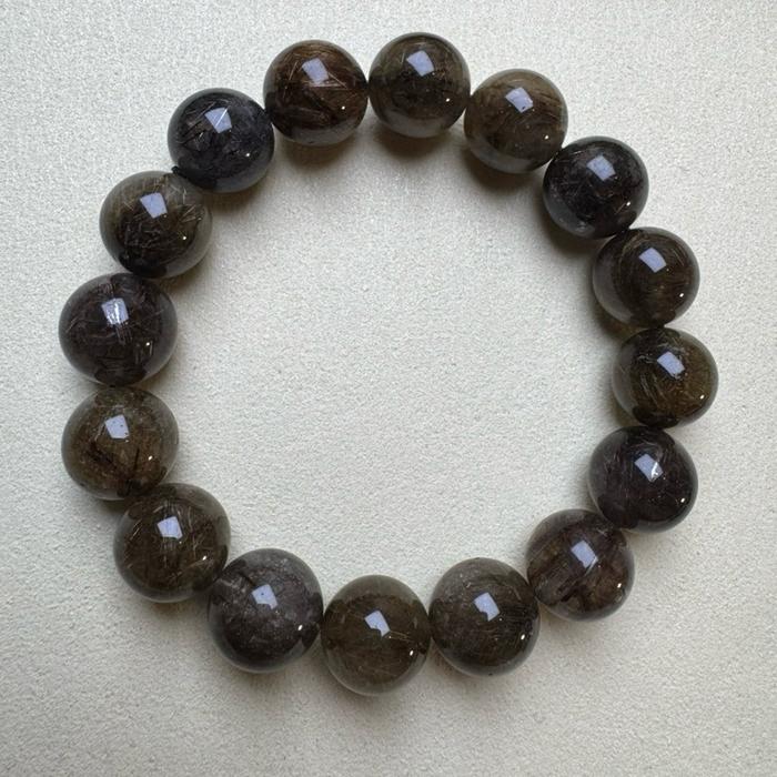Crysjade Gelang Old Mine Rare Mix Rutile Collection dengan Inklusi Rutile Alami Smoky Bronze Gold & Dark Metallic Bead 12,7 mm untuk Kolektor Kristal Langka - Gambar 7