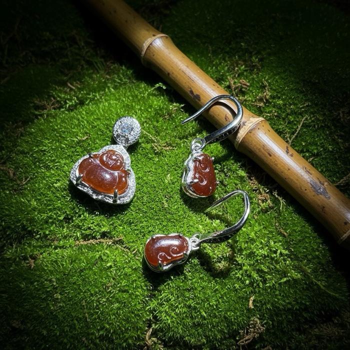 Giok burma warna coklat alami dengan silver 925 satu set - Gambar 8