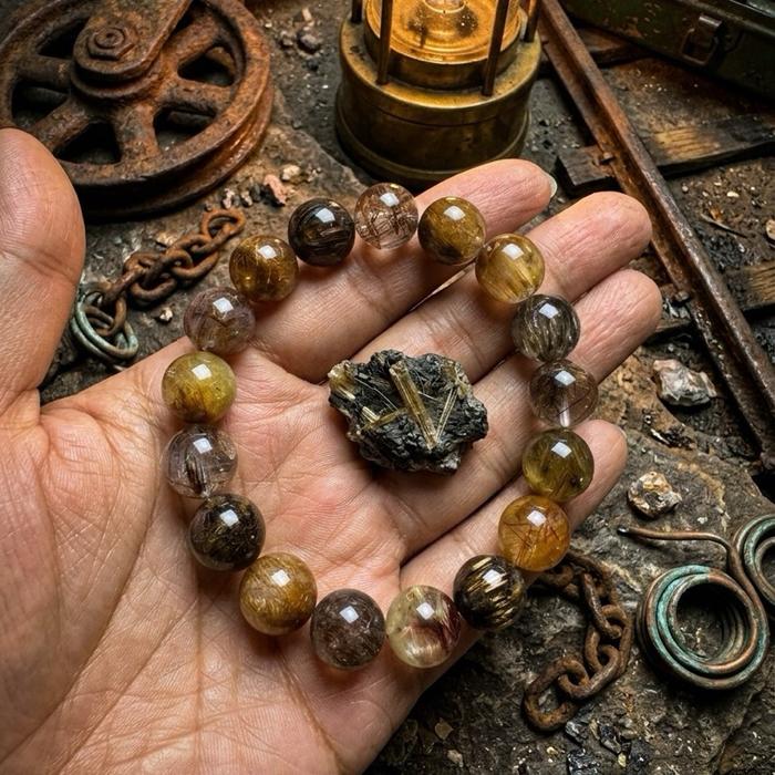 Crysjade Gelang Mix Mineral Rutile Collection Rare Collector's Edition Old Mine Copper Gold Fire Quartz Super Seven 12mm 17cm Koleksi Langka dengan Berbagai Jenis Kristal Langka dan Warna Unik - Gambar 9