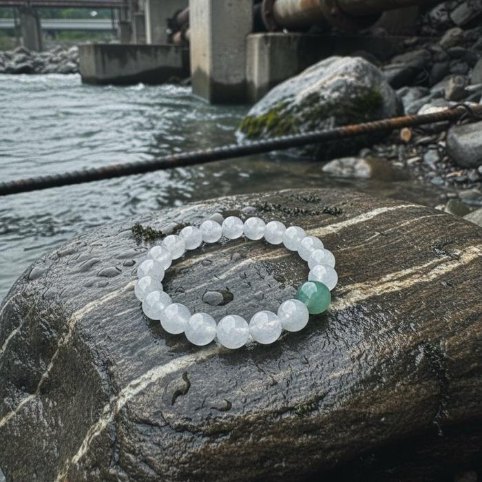 Gelang Burma Jadeite Type A – Snow White Icy Jelly with Floating Green - Gambar 6