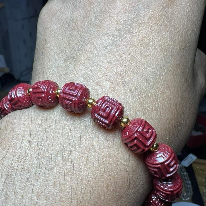 Cinnabar Lucky Carving Barrel Bracelet 80% Purity – 9.5mm (Wrist 17cm) - Gambar 6
