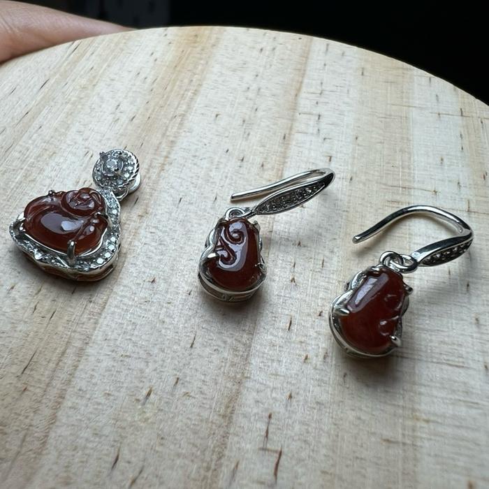 Giok burma warna coklat alami dengan silver 925 satu set - Gambar 4