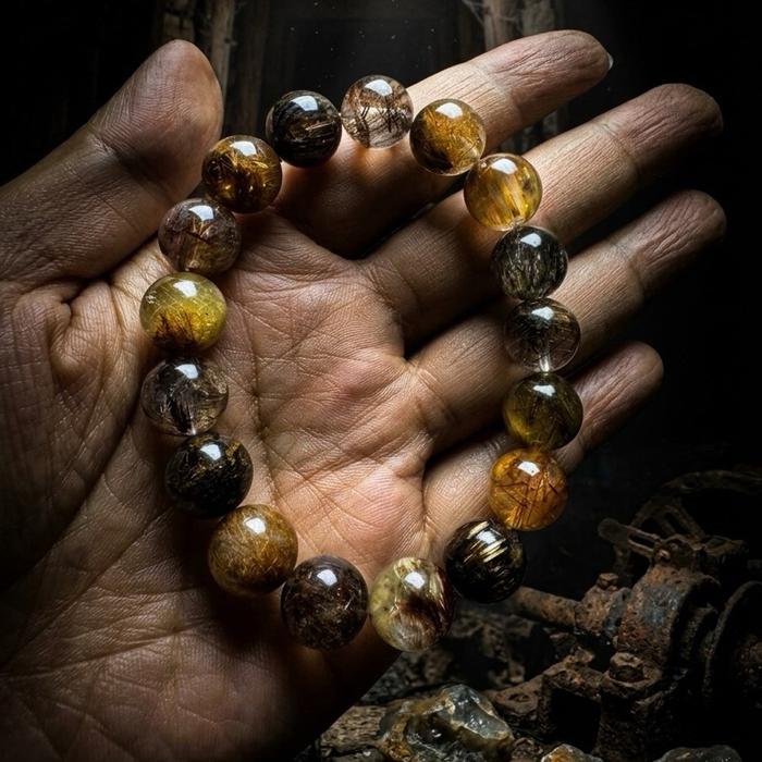 Crysjade Gelang Mix Mineral Rutile Collection Rare Collector's Edition Old Mine Copper Gold Fire Quartz Super Seven 12mm 17cm Koleksi Langka dengan Berbagai Jenis Kristal Langka dan Warna Unik