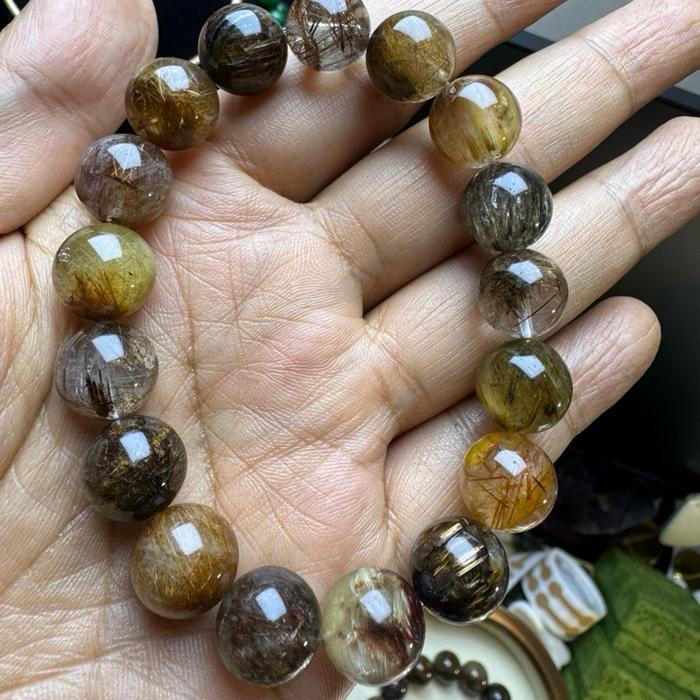 Crysjade Gelang Mix Mineral Rutile Collection Rare Collector's Edition Old Mine Copper Gold Fire Quartz Super Seven 12mm 17cm Koleksi Langka dengan Berbagai Jenis Kristal Langka dan Warna Unik - Gambar 4