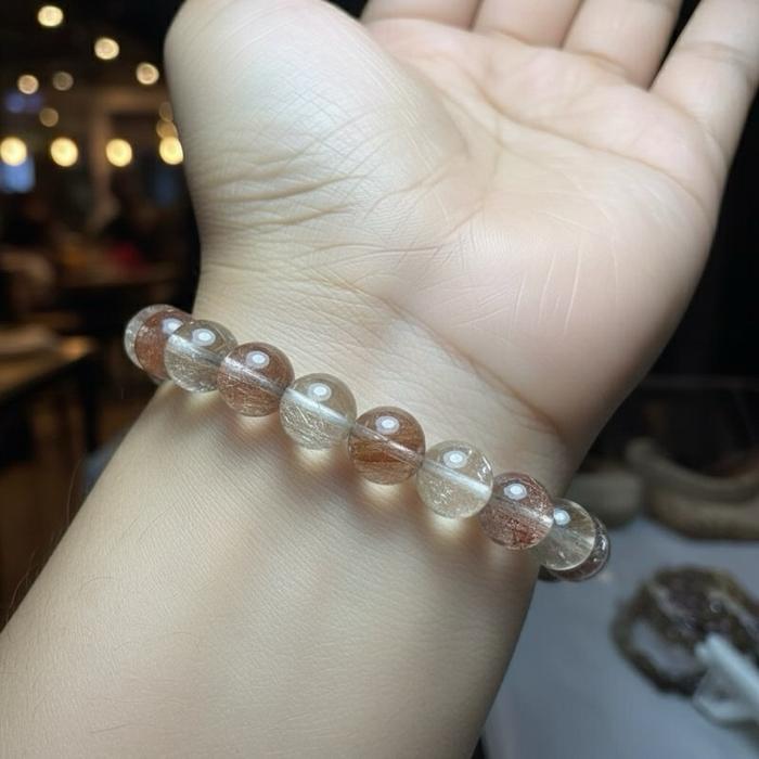 Crysjade Gelang Rutile Quartz Berwarna Warni Natural Rutile Quartz Top Quality Ukuran Bead 9.3mm Pergelangan Tangan 17cm HealingStone GoldenRutile RedRutile