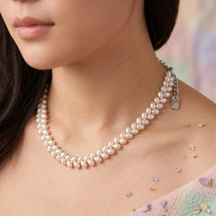 Crysjade Kalung Mutiara Rice Shape White Edition Asli Air Tawar dari Zhuji Zhejiang China dengan Luster Elegan dan Bentuk Oval Memanjang untuk Berbagai Kesempatan - Gambar 2