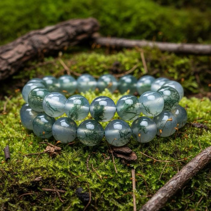 Gelang Moss Agate Hijau Segar – Batu Kristal Alami | Bead 8.2 mm | Wrist 17 cm | Elegan & Tenan | Pola Unik