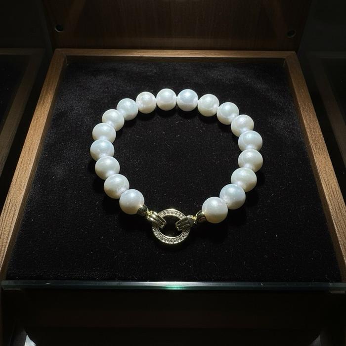 Crysjade Gelang Mutiara Asli Freshwater Perfect Round 10.8mm dengan Clasp Gold Zircon Koleksi Pilihan dari Zhuji untuk Tampilan Mewah dan Elegan - Gambar 6