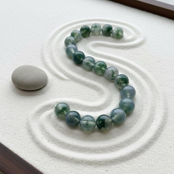 Gelang Moss Agate Hijau Segar – Batu Kristal Alami | Bead 8.2 mm | Wrist 17 cm | Elegan & Tenan | Pola Unik - Gambar 4