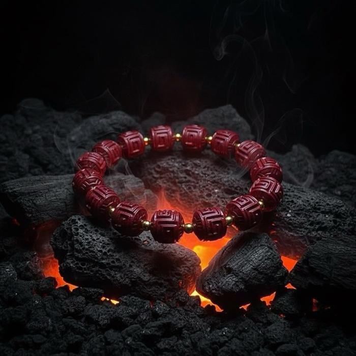 Cinnabar Lucky Carving Barrel Bracelet 80% Purity – 9.5mm (Wrist 17cm)