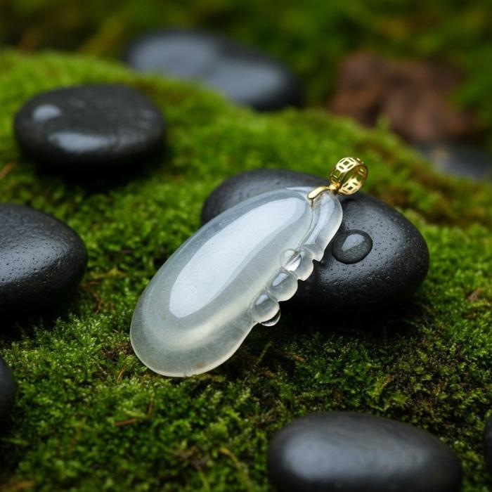 Liontin Giok Burma icy transparent dengan ikat emas 18k