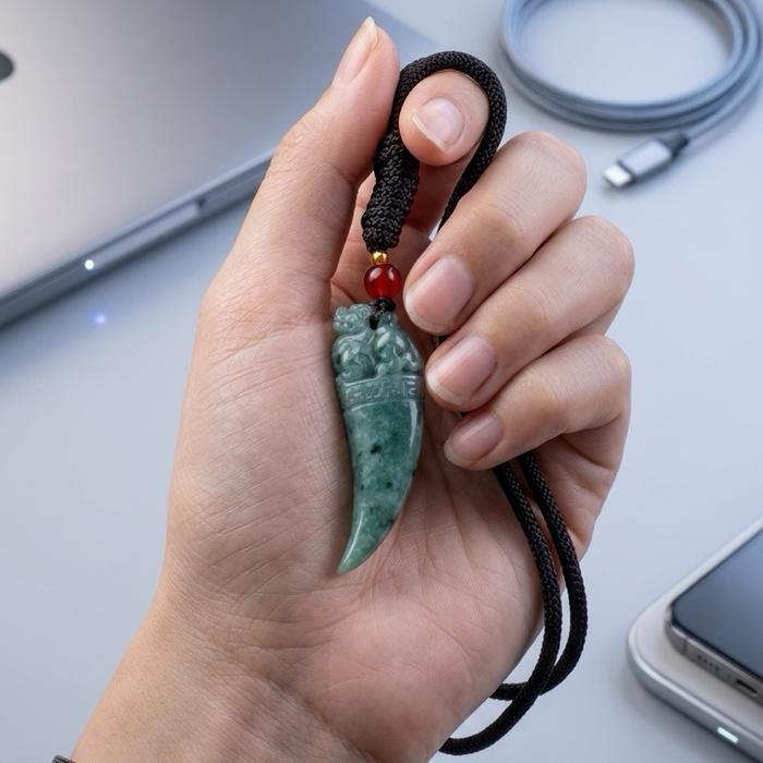 Liontin Giok Burma Type A Dragon Fang dengan Pixiu - Gambar 3