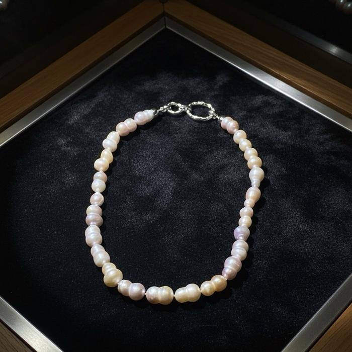 Crysjade Kalung Mutiara Asli Freshwater Hulu Shape Pink Purple Champagne Mix 9.8mm Panjang 40cm Elegan & Unik - Gambar 6