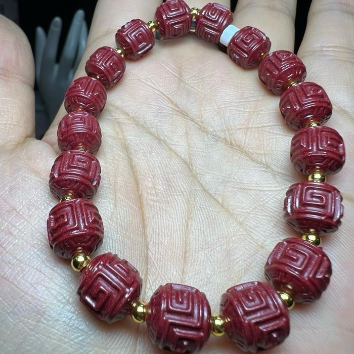 Cinnabar Lucky Carving Barrel Bracelet 80% Purity – 9.5mm (Wrist 17cm) - Gambar 2