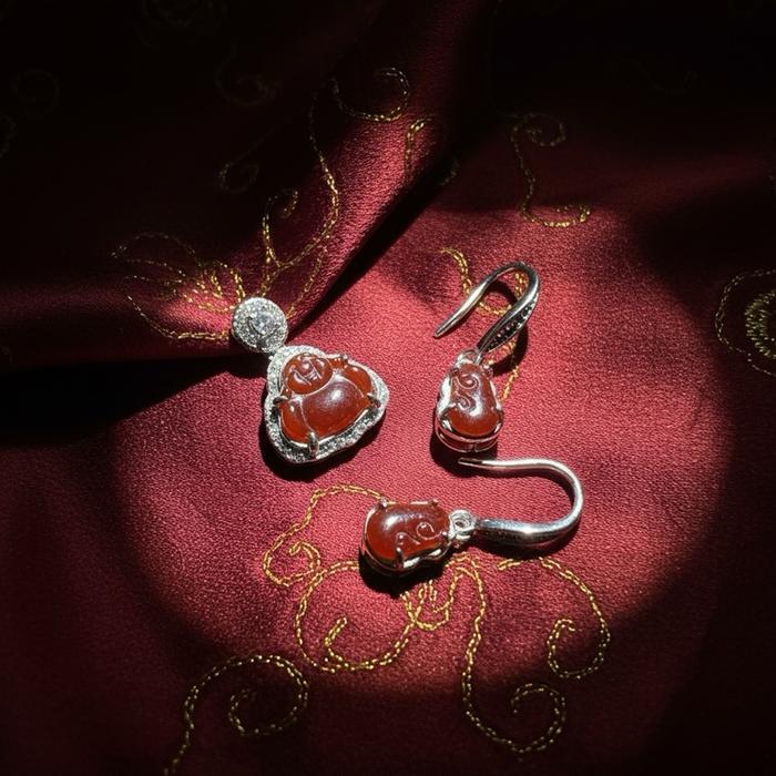 Giok burma warna coklat alami dengan silver 925 satu set - Gambar 5