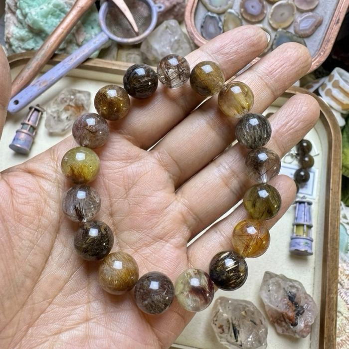 Crysjade Gelang Mix Mineral Rutile Collection Rare Collector's Edition Old Mine Copper Gold Fire Quartz Super Seven 12mm 17cm Koleksi Langka dengan Berbagai Jenis Kristal Langka dan Warna Unik - Gambar 3