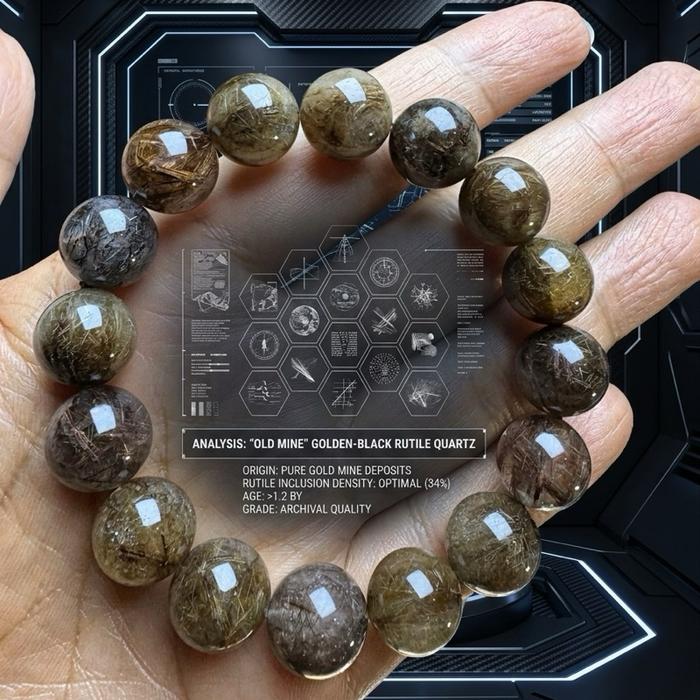 Crysjade Gelang Old Mine Rare Mix Rutile Collection dengan Inklusi Rutile Alami Smoky Bronze Gold & Dark Metallic Bead 12,7 mm untuk Kolektor Kristal Langka - Gambar 2
