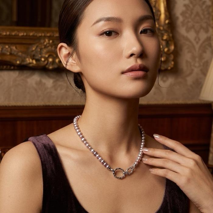 Crysjade Kalung Mutiara Asli Air Tawar Seedless Rice Pearl Purple High Luster 7 mm 42 cm Elegan dan Mewah dari Zhuji China - Gambar 5