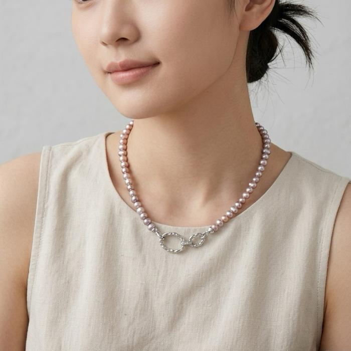 Crysjade Kalung Mutiara Asli Air Tawar Seedless Rice Pearl Purple High Luster 7 mm 42 cm Elegan dan Mewah dari Zhuji China - Gambar 3