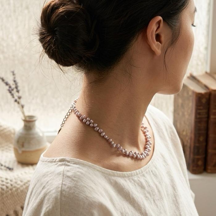Crysjade Kalung Mutiara Asli Air Tawar Seedless Rice Pearl Purple High Luster 4,8 mm Diameter 38 cm Panjang Elegan & Eksklusif dari Zhuji China - Gambar 2